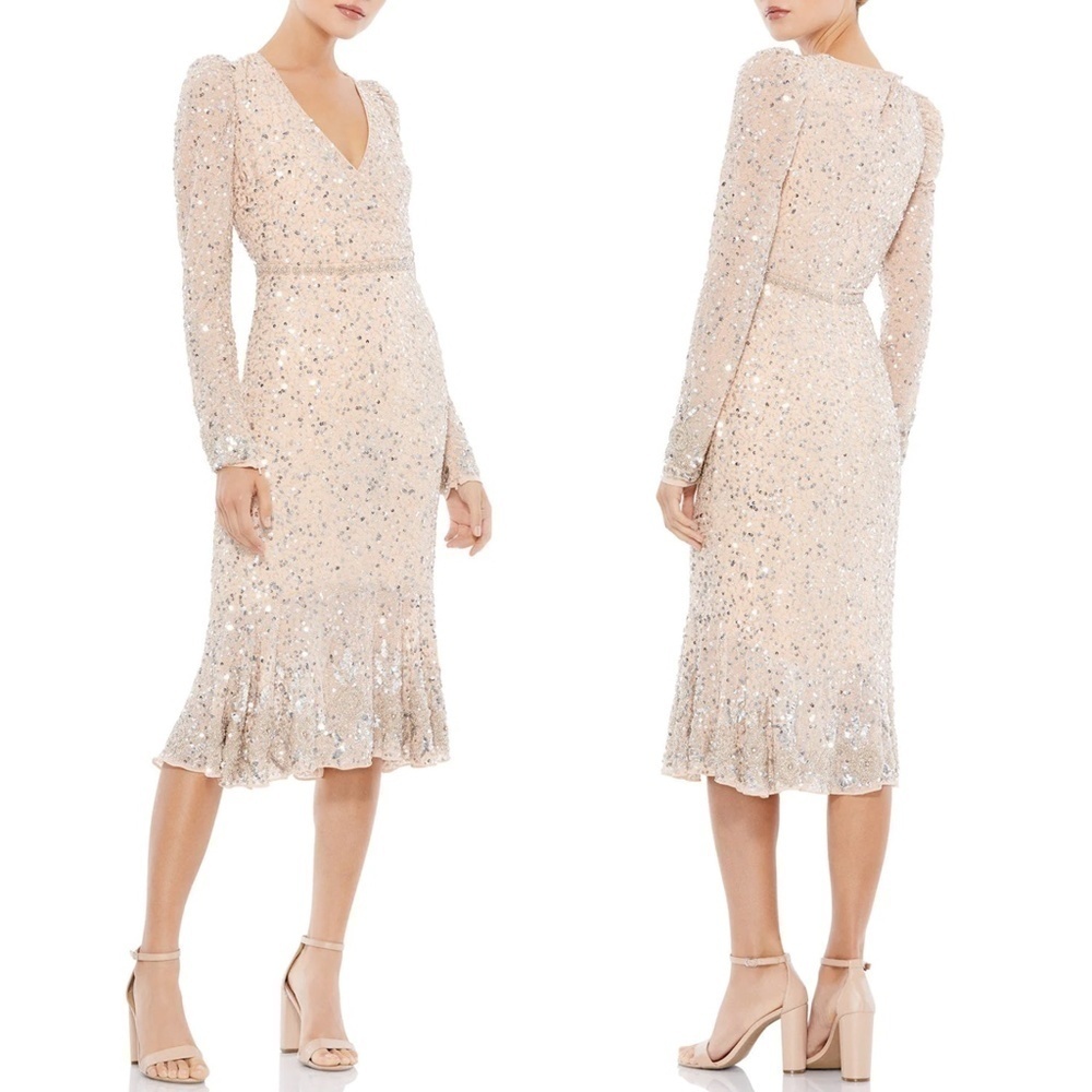 NEW Mac Duggal Sequin Midi Dress with Embellished Hemlin and Belt in Nud…